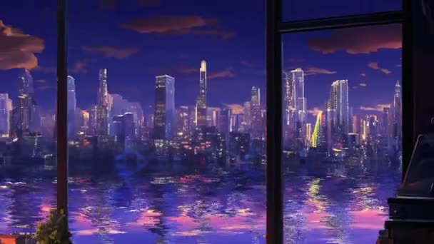 Animowane Wirtualne Wnętrze Sypialni Widokiem Miasto Okna — Wideo stockowe
