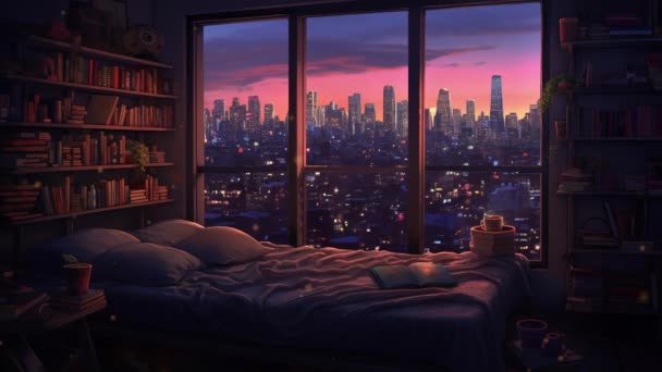 Pętla Animowane Wirtualne Wnętrze Sypialni Widokiem Miasto Okna — Wideo stockowe