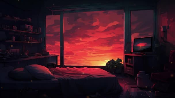 Pętla Animowane Wirtualne Wnętrze Sypialni Widokiem Zachód Słońca Miasta Okna — Wideo stockowe