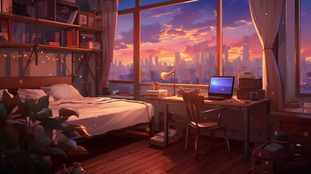 Canlandırılmış Sanal Yatak Odası Pencereden Gece Manzaralı Büyüt — Stok video