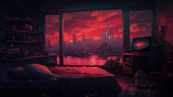 Loop Animated Virtual Bedroom Interior City Night View Window — Stock Video
