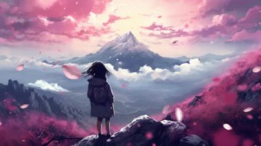 Animasyon Sanal Kız bulutlara bakıyor. Anime tarzı