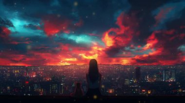 Animasyon anime kızı gün batımında şehri gözlemlerken, hoş bir kadın gece gökyüzünün altındaki şehir manzarasını takdir ediyor.