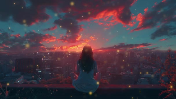 Animatie Anime Meisje Observeert Stad Als Zon Ondergaat Terwijl Een — Stockvideo