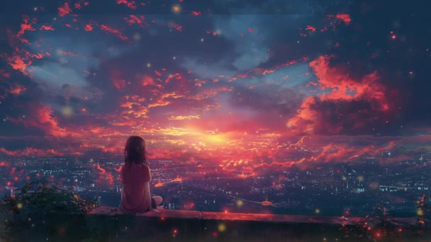 Animation Anime Κορίτσι Παρατηρεί Την Πόλη Καθώς Δύει Ήλιος Ενώ — Αρχείο Βίντεο