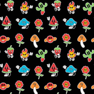 Kusursuz desenli soyut çizgi film karakteri. Komik karakterleri ve eldivenli elleri olan modaya uygun etiketler.