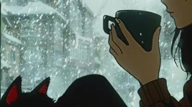 Bir kız bir kediyle pencere eşiğinde oturur, çay içer ve kara bakar..