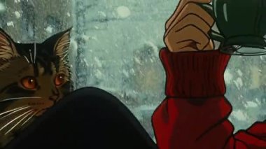 Bir kız bir kediyle pencere eşiğinde oturur, çay içer ve kara bakar..