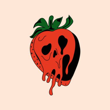 Tatlı, korkutucu cadılar bayramı çilekli çizgi film karakterleri, el yazısı stiliyle çizilmiş..