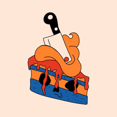 Bıçak karikatür karakteri olan sevimli, korkutucu Cadılar Bayramı pastası, el yazısı stiliyle çizilmiş.