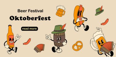 Web sayfası tasarım şablonu. Oktoberfest maskotu poster, afiş, web sitesi geliştirme için Vektör illüstrasyonu. 