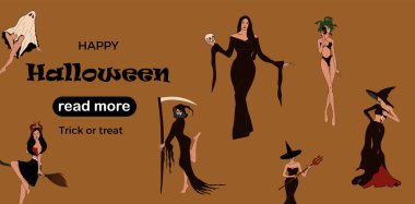 Web sayfası tasarım şablonu. Cadılar Bayramı kostümleri. Cadı! Poster, afiş, web sitesi geliştirme için vektör illüstrasyonu.