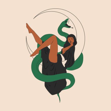 A woman with a snake wrapped around her body. Moon. Cute ladies. Retro style. clipart