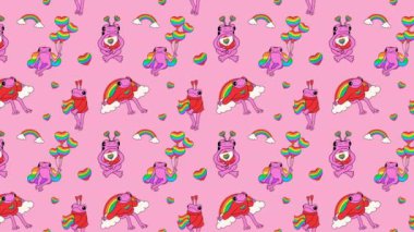 Gökkuşağı renklerinde sembolleri olan şirin bir kurbağa. Eski animasyon döngüsü arka planı. Video düz çizgi film animasyon tasarım elementi. 4K video görüntüleri