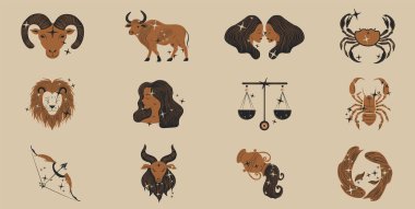 Zodiac simgeleri seti. Yıldız falı. Modern büyü Astrolojik sembolü 