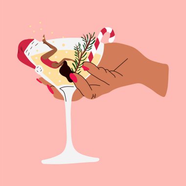  Bir kadın martini bardağında oturuyor. Mutlu yıllar.