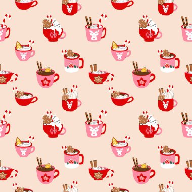 Kusursuz desenli, düz çizgi film tarzında şirin tatil kupaları olan, Noel sıcak içeceği sunan.