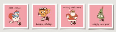 Pembe arka planda eski çizgi film karakterleri olan bir dizi tatil kartı. Tebrik kartları.
