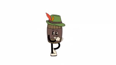 Oktoberfest maskotu olarak dizayn edilmiş Retro çizgi film tarzı bira fıçısı, kusursuz bir döngü animasyonunda yürüyor. Tasarım ve kaplamalarda kolay kullanım için şeffaf arkaplan