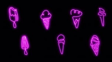 Şeffaf arka planda parıldayan bir dizi neon pembe dondurma etiketi. Örtüler, grafikler ve dekoratif öğeler için parlak ve renkli dijital tasarım