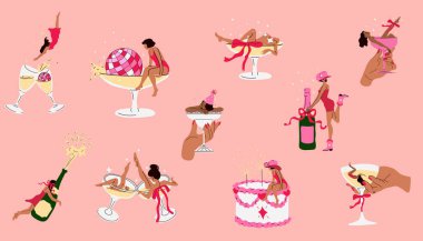 Parti heyecanı. Martini İçen Kadın Cam Poz Seti