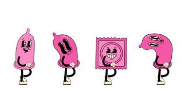  Kusursuz döngü animasyonunda yürüyen retro çizgi film kondom maskotu karakterleri. Tasarımlarda, üstüste dizaynlarda ve tanıtım içeriğinde kolay kullanım için şeffaf arkaplan