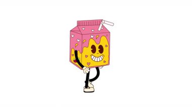 Harika Retro Karikatür Milkshake, bir kutu çilekli süt karakteri. Döngü Canlandırması