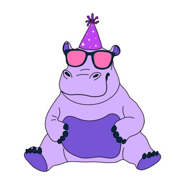 Güneş gözlüğü ve doğum günü şapkası takan havalı çizgi film suaygırı eğlenceli ve eğlenceli bir parti havasıyla kutluyor.