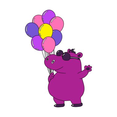 Güneş gözlüğü takan, balon tutan, neşeli ve neşeli bir atmosferde kutlama yapan karikatür hipopotamları.