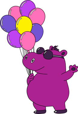 Güneş gözlüklü karikatür hipopotamları, elinde balonlar, neşeli ve şenlikli bir havayla kutlama..