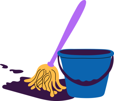 Süpürge ve paspasla mavi bir kova, temizliğe ve ev işlerine hazır.