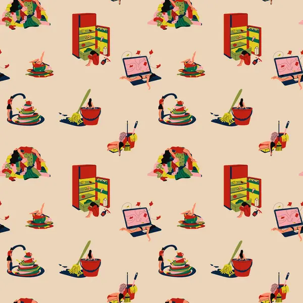 Ev işleriyle boğuşan, stresi, depresyonu ve aile sorumluluklarının ezici yükünü temsil eden kadınlarda kusursuz bir düzen.