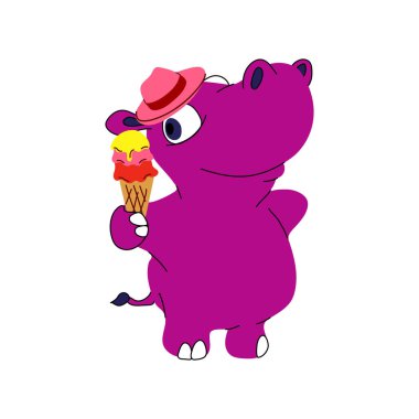 Tatlı pembe su aygırı güneşli bir yaz gününde dondurmanın tadını çıkarıyor.