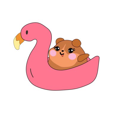 Havuzda bir flamingo şamandırasında yüzen tatlı bir hamster, eğlenceli ve rahatlatıcı bir yaz günü geçiriyor.