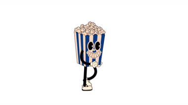 Kusursuz döngü animasyonunda yürüyen, 70 'lerden esinlenilmiş, şeffaf arkaplanlı eski çizgi film Patlamış Mısır.