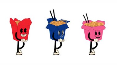 Kusursuz döngü animasyonunda yürüyen ramen erişteli ramen kutularından oluşan, 70 'lerden esinlenilmiş, şeffaf bir arka plan..