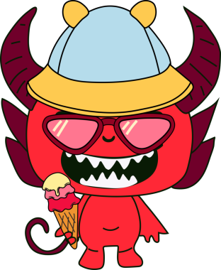 Bir çizgi film şeytanı tatlı dondurma külahının tadını çıkarıyor, neşeli ve yaramaz bir havayı kucaklıyor.