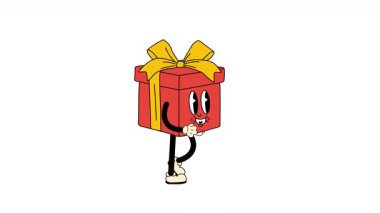 Pürüzsüz, şeffaf bir arka planı olan, pürüzsüz, pürüzsüz bir döngüde yürüyen antika bir çizgi film hediye kutusu.