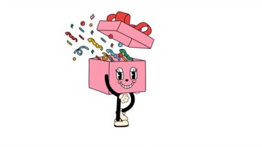 Mükemmel bir retro karikatür kutusu hediyesi şeffaf arkaplan ile kusursuz bir döngü animasyonunda yürüyor.