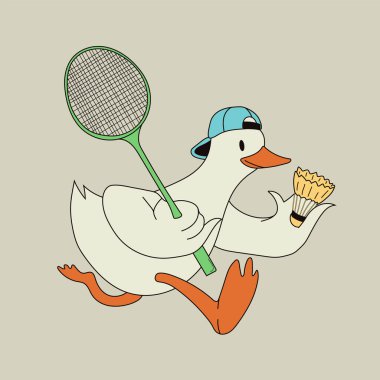 Çizgi film ördek raket ve Shuttlecock 'la Badminton oynuyor.