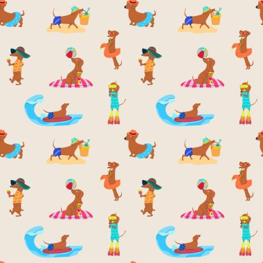 Sevimli çizgi film dachshundları ile kusursuz desenli Yazın tadını sahilde çıkarıyorlar