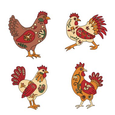 Geleneksel Meksika alebrije halk sanatı tarzında renkli horozlar. Karmaşık desenleri ve canlı renkleri var.