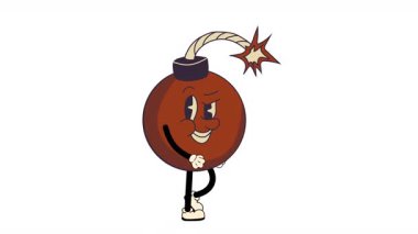 Mükemmel bir retro karikatür bombası şeffaf bir arka planı olan kusursuz bir döngü animasyonunda yürüyor.
