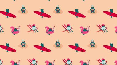 Farklı plaj pozlarında çizgi film kurbağaları, yaz etkinliklerinin tadını çıkarıyorlar. Eski animasyon döngüsü arka planı. Video yassı çizgi film animasyon tasarım ögesi. 