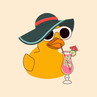 Güneş gözlüklü ve şapkalı Kokteylli Kauçuk Ördek. Yaz Eğlencesi