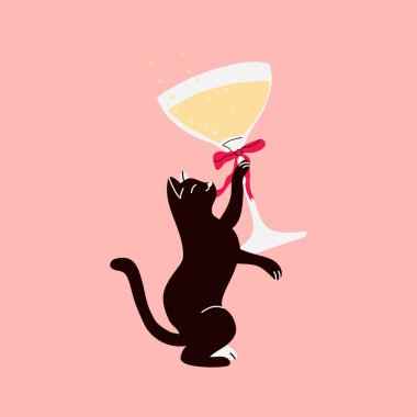 Kedi Şampanyayla kutlama yapıyor. Parti Zamanı