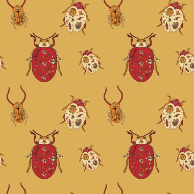 Parlak Alebrije böcek heykelleriyle kusursuz desenler. Geleneksel Meksika halk sanatları tarzında el yapımı heykeller.