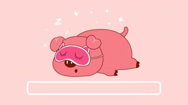 Şeffaf bir arkaplanda çizgi film tarzında uyku maskesi takan sevimli pembe bir domuzun animasyonu.