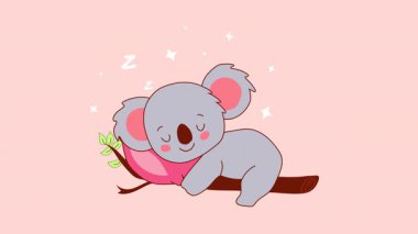 Şeffaf arkaplanda Pembe Yastıklı Tatlı Uyuyan Koala çizgi filmi. Döngü canlandırması