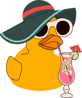 Kauçuk ördek, güneş gözlüğü ve şapka takıyor, Kokteylden keyif alıyor. Yaz Titreşimleri